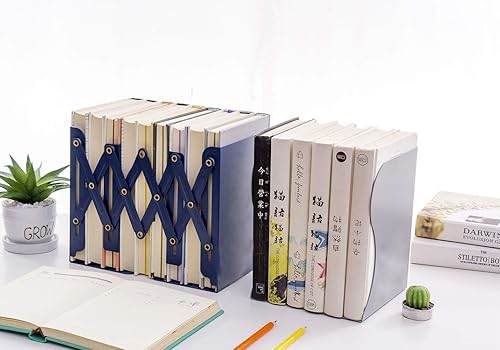 Vista 5 de JIARI Sujetalibros de metal decorativo azul soporte soporte soporte de escritorio antideslizante ajustable (Azul)