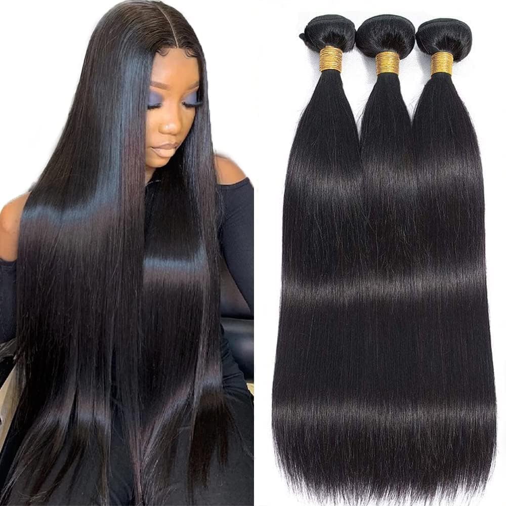 WOWQUEEN 10A Straight Hair Bundles Brazilian Virgin Human Hair Bundles Straight 12 14 16 Inch 100% Unprocessed Virgin Hair Straight Weave Bundles Human Hair 3 Bundles Deals