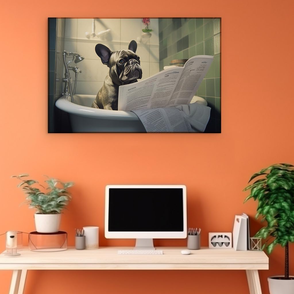 Whimsical French Bulldog Engrossed in News Amidst Cozy Bathroom Charm Large, Decor, Office, Bedroom,. Size: 130x86 cm (51x34 inch) Canvas Wall Art - Nature Home Decor - 69x46 cm (27x18 inch)