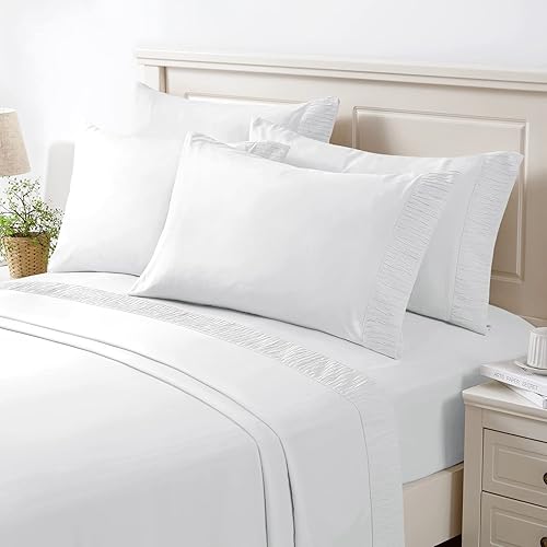 BYSURE Juego de sábanas de microfibra de 6 piezas (Queen, blanco) - Sábanas de bolsillo profundo de 15 pulgadas, resistente a las arrugas y a la