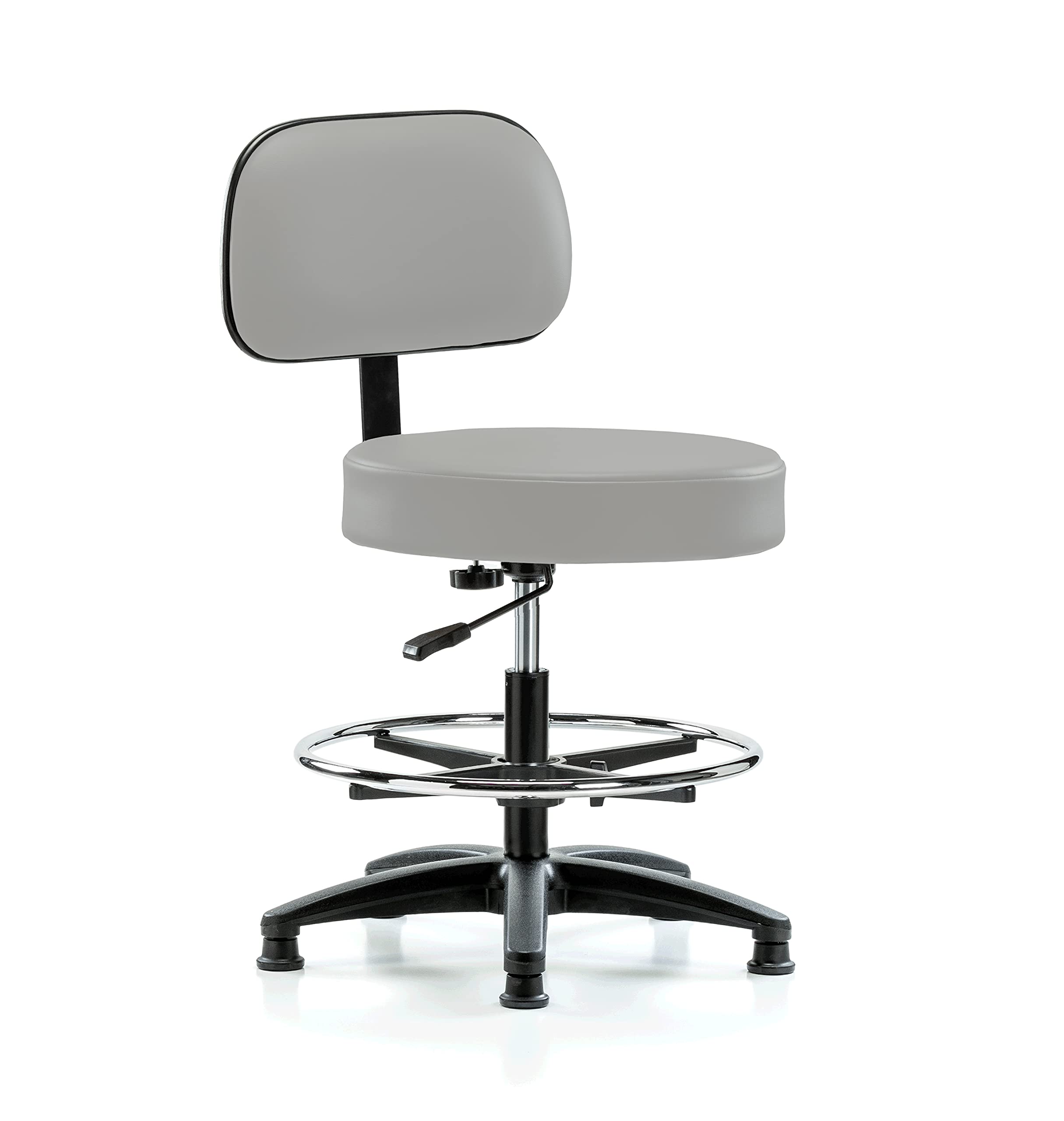 Perch Medical Stool with Back &amp; Foot Ring, Glides, 21"-28.5", Grey Vinyl