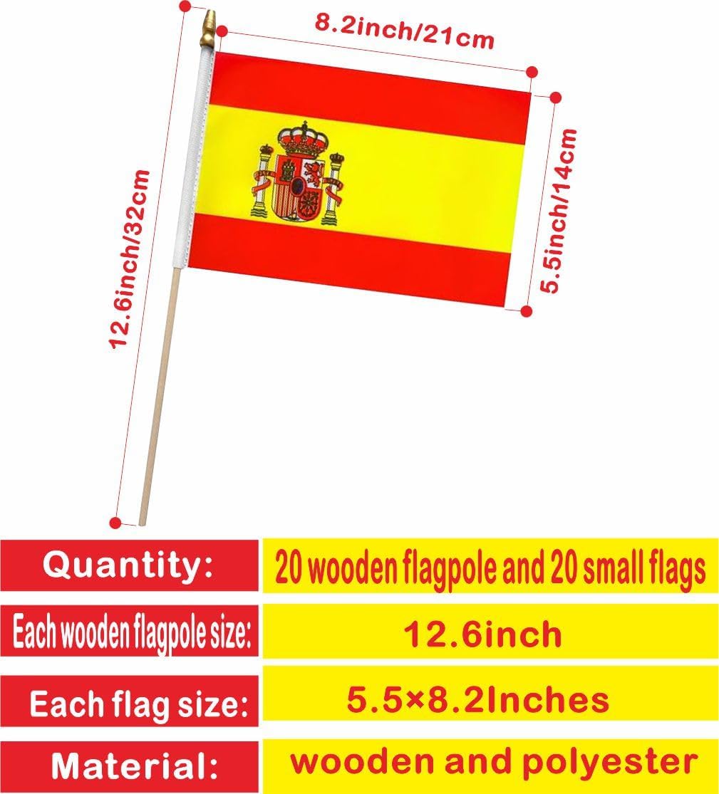 20 Pack Spain Flags Spanish Stick Flag Small Mini Handheld Flags with 12.6inch Wooden Poles for National Day,World Cup,Sports Events, Party Decorations (5×8 Inches) - Image 2