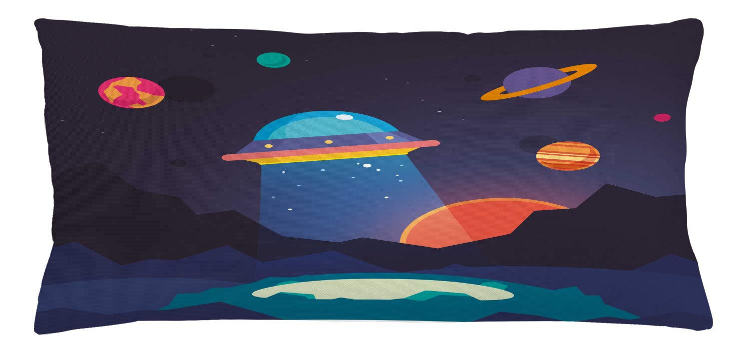 Lunarable Outer Space Throw Pillow Cushion Cover, Cartoon Like Image with UFO Spaceship Universe Theme Planets Sun Artwork Print, Decorative Rectangle Accent Pillow Case, 36
