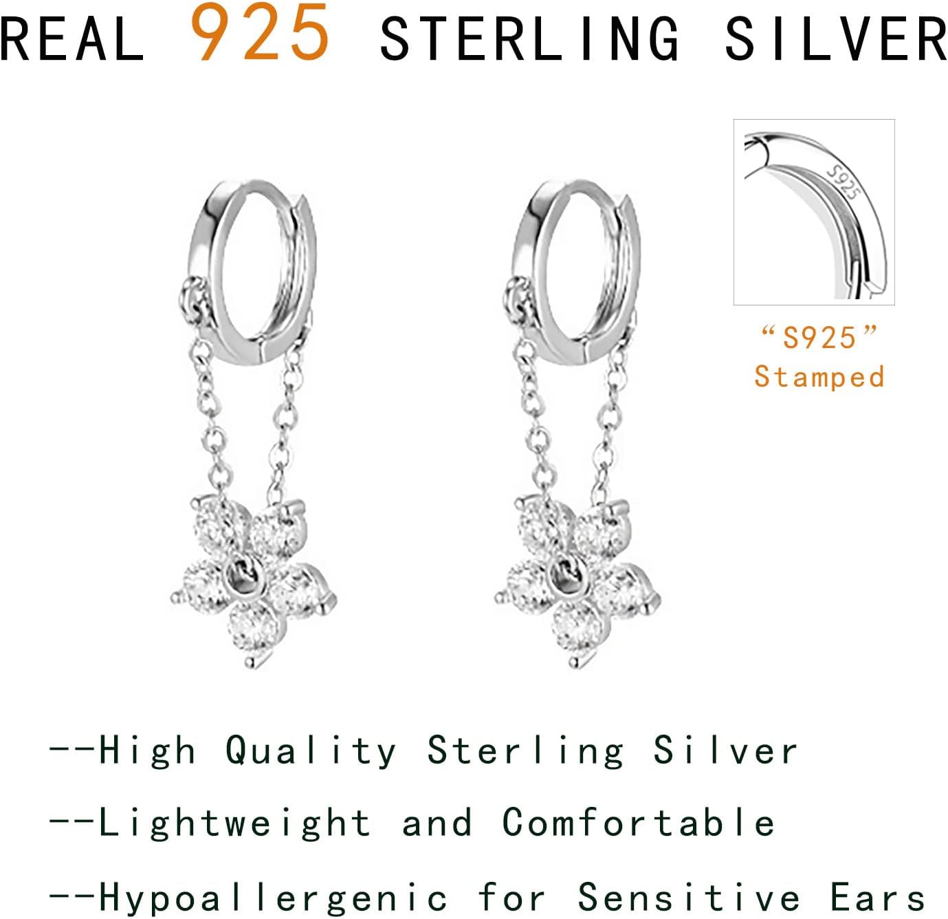 Reffeer 925 Sterling Silver Flower Chain Drop Earrings Hoop for Women Teens Huggie Hoop Dangle Earrings Chain - Image 7