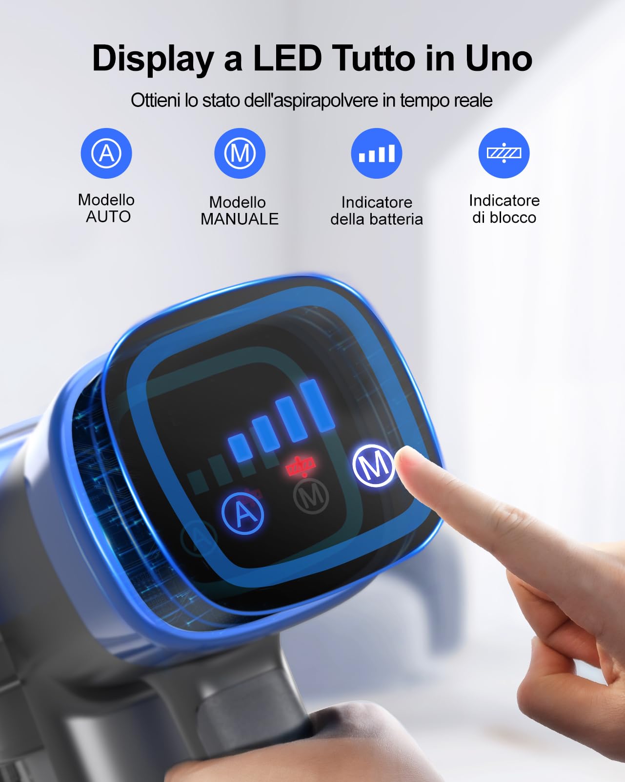 Aspirapolvere Senza Fili 450W/38KPa, Scopa Elettrica Senza Fili con Rilevazione Automatica della Polvere 4 Modes e 55Mins Touchscreen Anti-avvolgimento Aspirapolvere per Pavimenti Tappeti Peli Animali