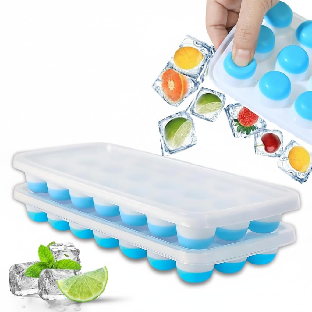 Silicone Pop Up Round Ice Cube Trays | 21 Cavities Each | Pack of 2 | Easy Release Flexible Bottom Stackable | 100% BPA Free |Food Grade for Freezer, Cocktai