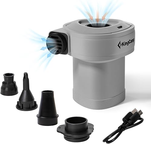 KingCamp Bomba de aire para inflables, infladordeflector portátil de llenado rápido, bomba de aire eléctrica con 4 boquillas para colchoneta de