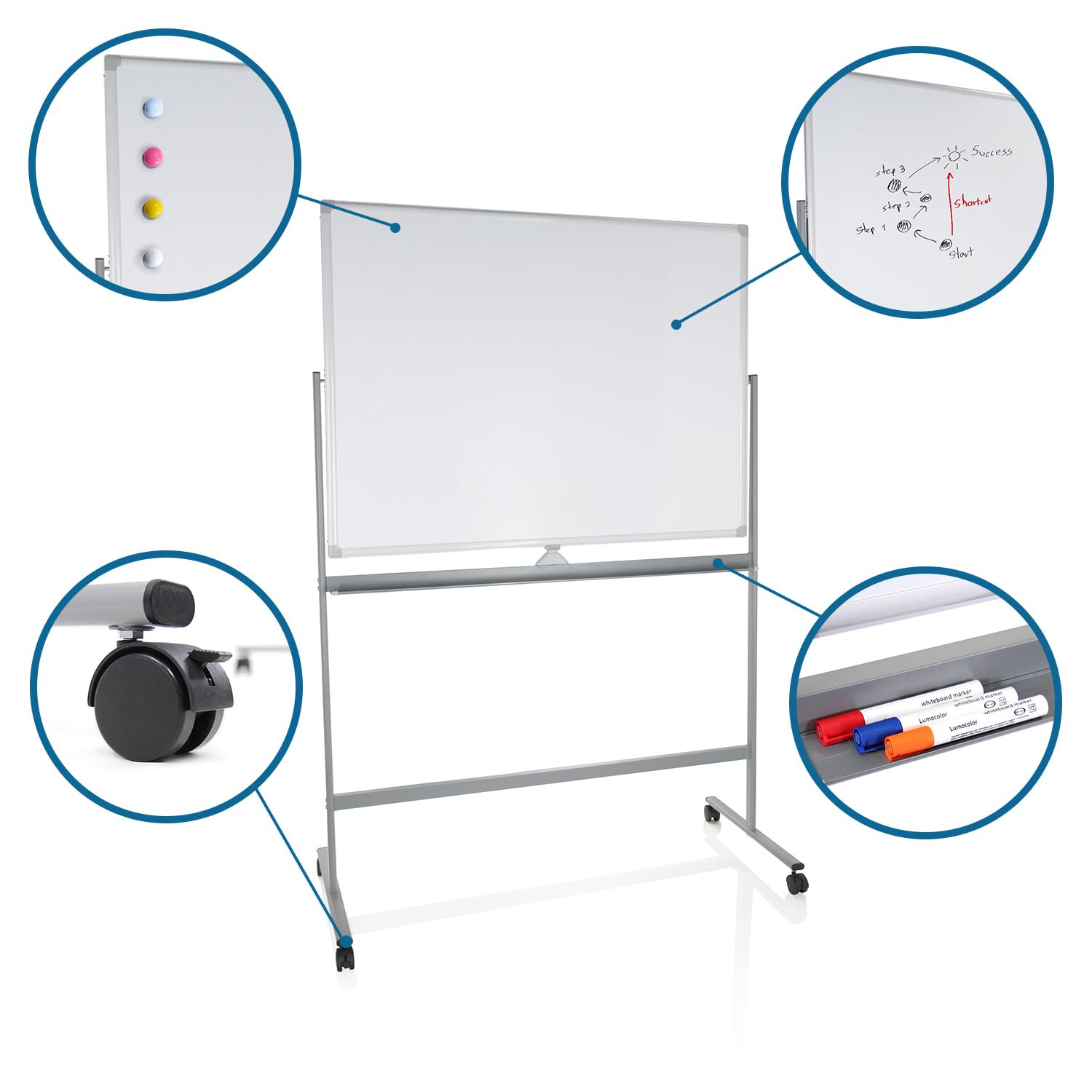 hjh OFFICE 830036 tablica suchościeralna, 90 x 120 cm, mobilna tablica z rolkami, możliwość zapisywania po obu stronach, magnetyczna i zmywalna