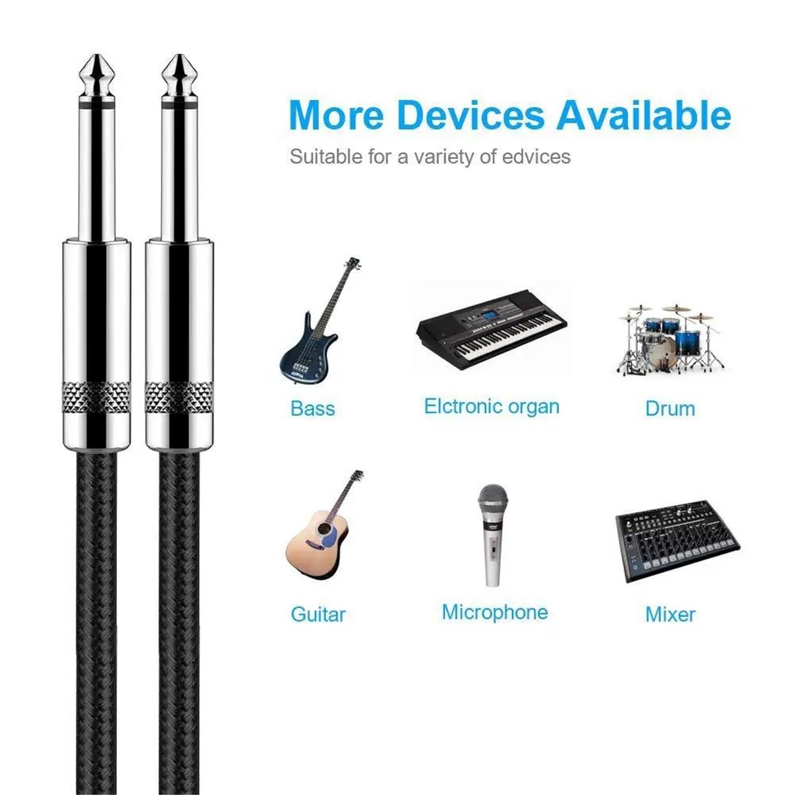 Câble De Guitare Électrique Tressé 1/4 Pieds Prise À Angle Droit 90 Degrés 6.5mm Kits Câbles Guitare(3m-10ft)