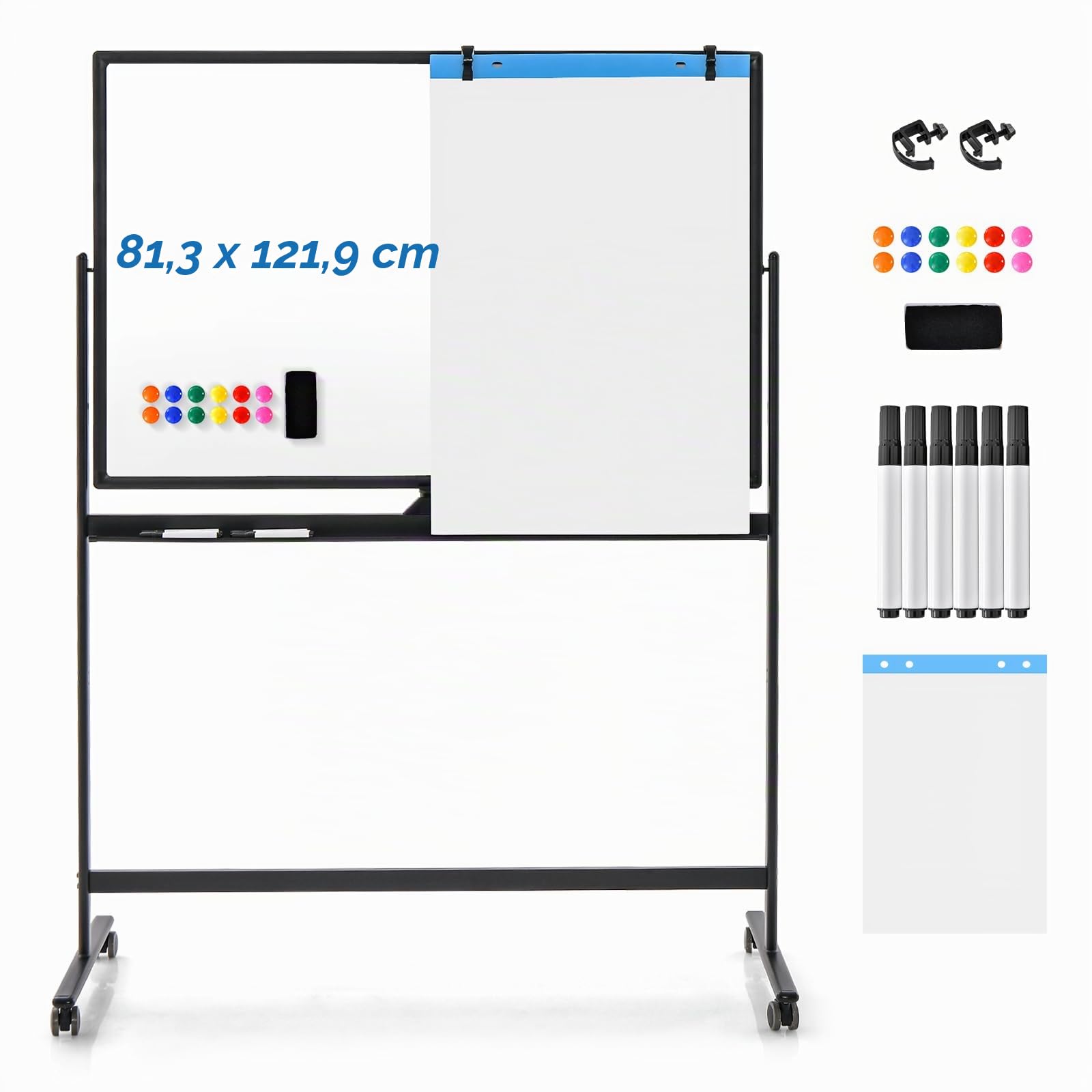 GYMAX 120 x 80 cm Lavagna Mobile Doppia Faccia, Regolabile in Altezza con Pennarelli & Gomma, Ruote Bloccabili, Struttura Metallica, Lavagna Cancellabile Reversibile per Scuola, Ufficio (Nero)