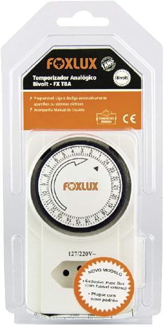 Temporizador Analógico Foxlux  Bivolt (127V/220V)  Exclusivo Fuse Box  Programações com intervalos de 15 min  Timer para ligar e desligar aparelhos