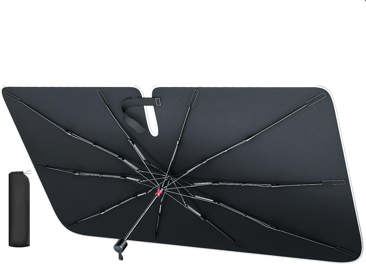 REEVAA 2025 Car Windshield Sun Shade Umbrella [2025 Upgrade Sun Protection & Keep Cool] Protect Interior, 360° Flex Handle Sun Shield Sunshade, Small (53''x29'') for Compact Cars