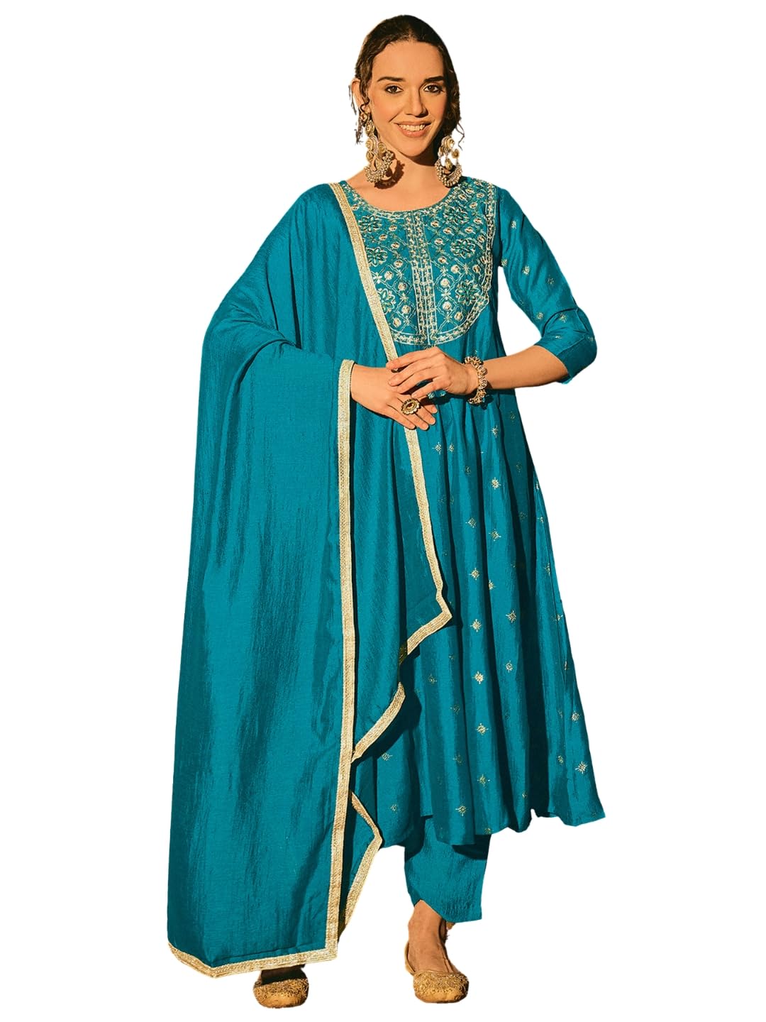 navlik Women's Vichitra Silk Embroidered and Printed A-Line Kurta with Pant and Dupatta Sets (NK-932)-picture-52