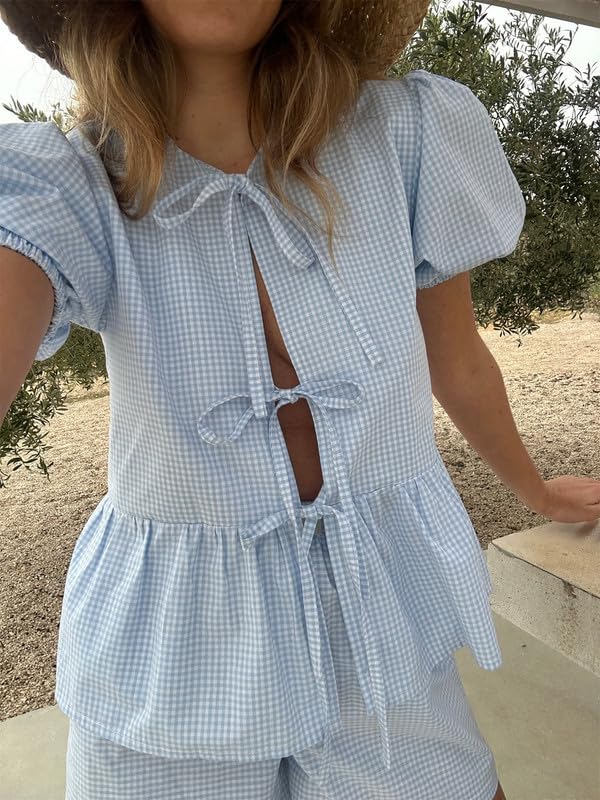 Image of Thopavenoir Women 2 Piece Casual Lounge Sets Y2k Puff Sleeve Peplum Shirt Tie Front Tee Shirt Shorts 2pcs Pajamas Sets