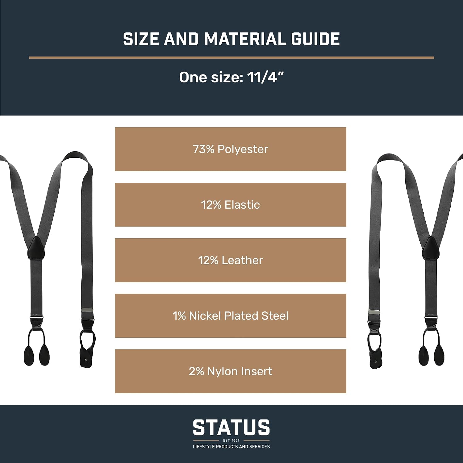 Status Men's Tall Plus Size Suspenders 11/4 Inch Poly Elastic 54 Inch Leather Button Ends, Black, One Size