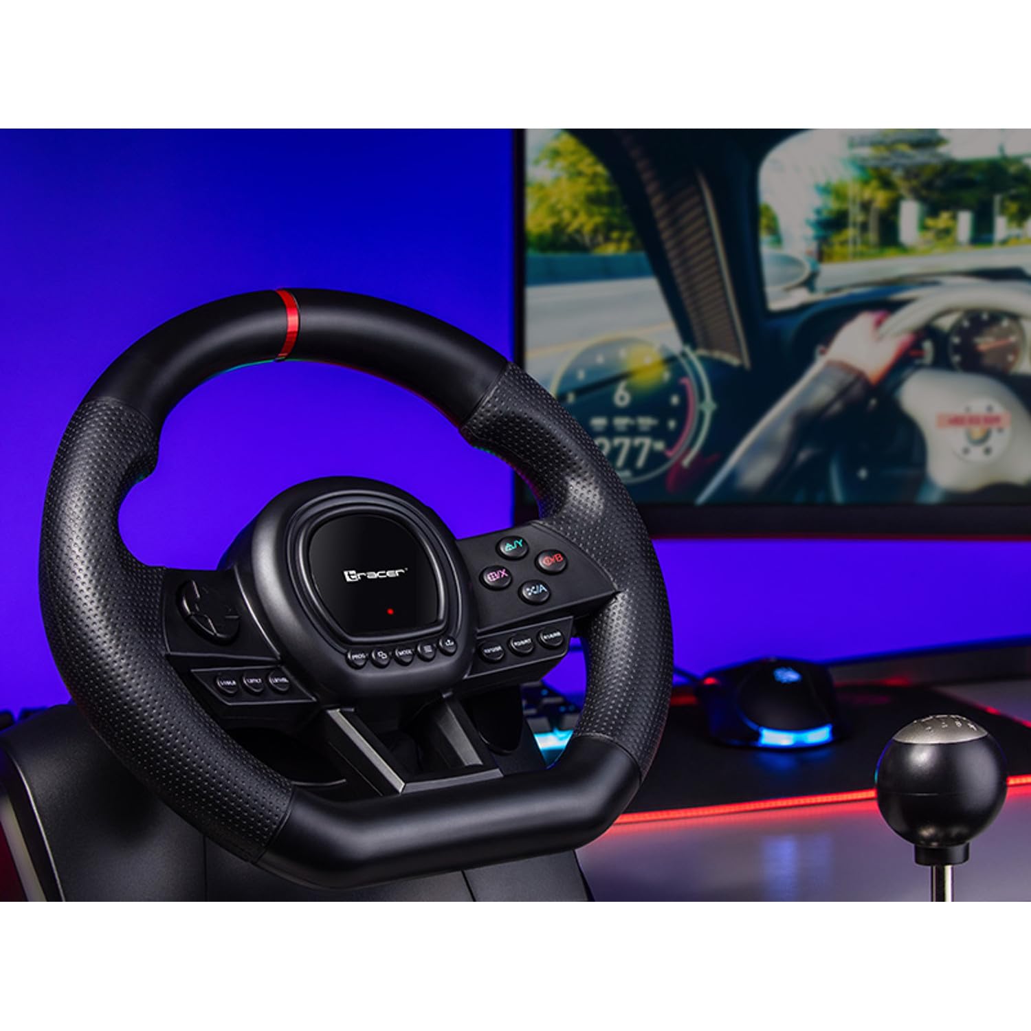Tracer SimRacer Manual Gearbox Volante 6 in 1, Volante da corsa da gaming con pedali e leva del cambio, compatibile con PC/PS4/PS3/XONE/X360/SWITCH, Angolo di sterzata di 270 gradi, 8 Pulsanti