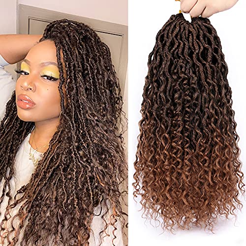 6 Packs New Goddess Locs Crochet Hair 18 Inch River Faux Locs Wavy Crochet with Curly Hair in Middle and Ends Boho Hippie Locs Synthetic Braiding Hair Extension(18 inch,6Packs,1B/30)