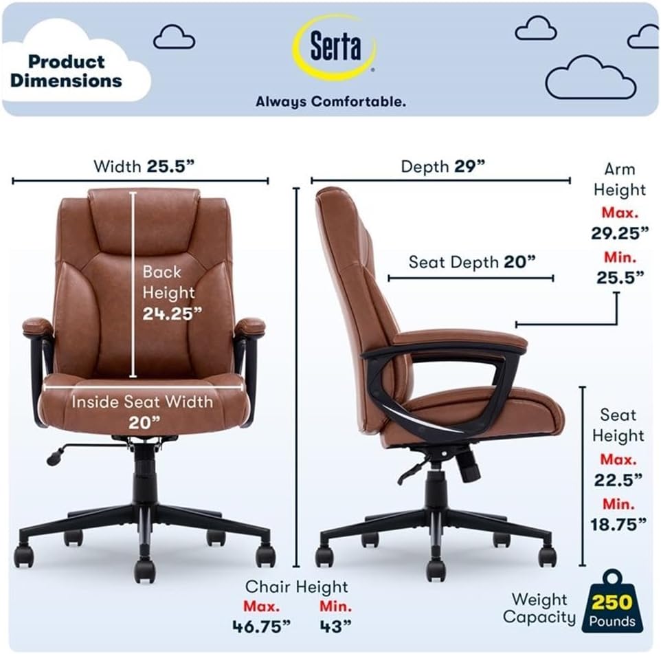 Pemberly Row Modern Executive Office Chair, Cognac Bonded Leather, Adjustable Height and Recline, Padded Arms, Ergonomic Design, 275 lb Weight Capacity, Cushioned Seating for Home or Corporate Offices
