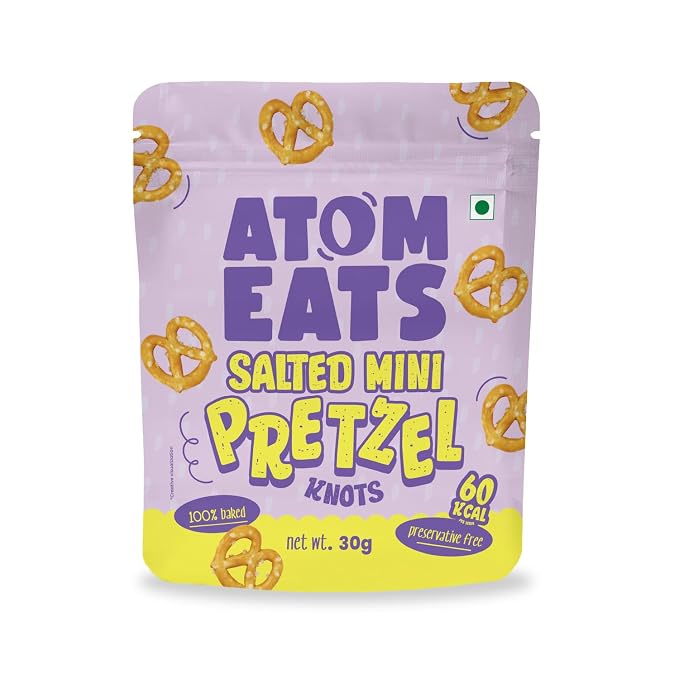 Atom Eats Salted Pretzel Mini Knots 30g | 100% Baked | Savory Snacks, Crunchy Namkeen - Perfect for Snack Box, Parties, On-the-Go Versatile Food Items - Great for Dipping, Solo Snacking