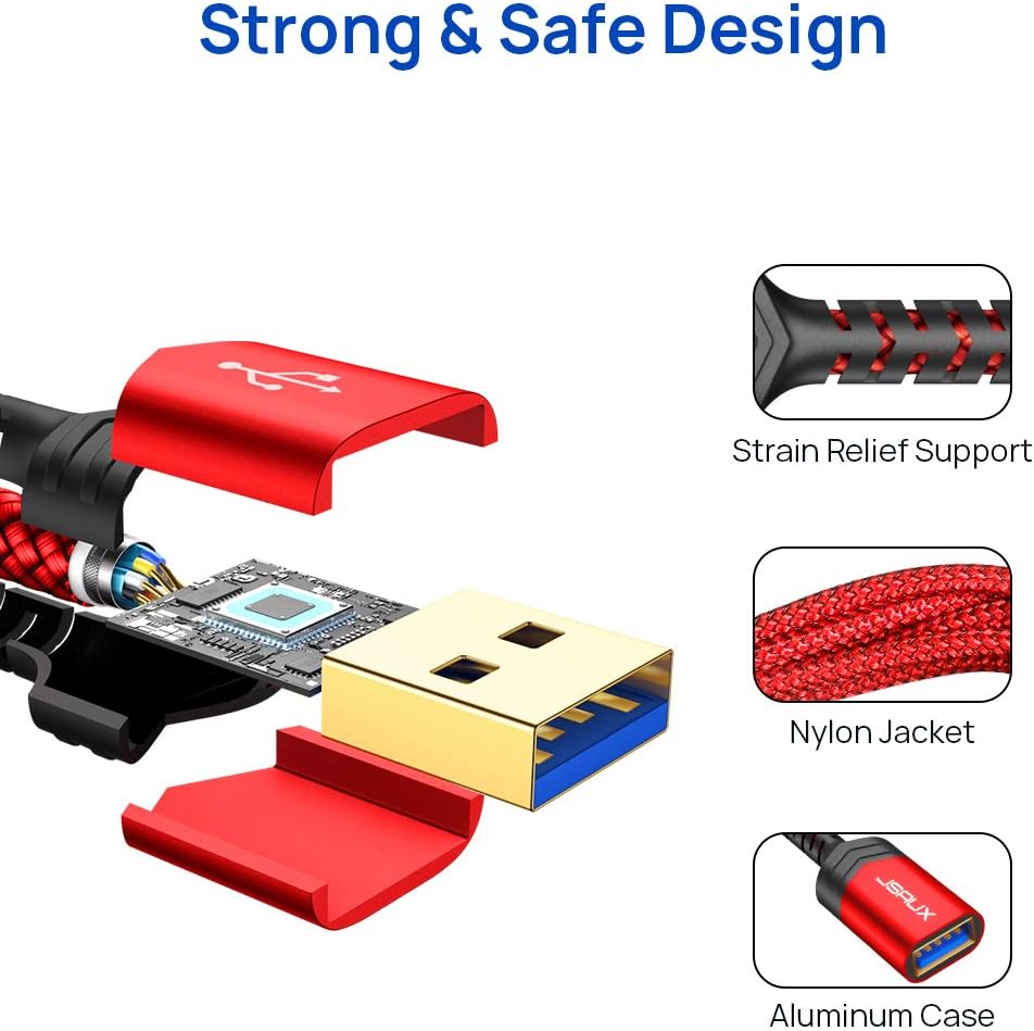 JSAUX USB 3.0 Extension Cable, [2 Pack 6.6ft] USB A Male to Female Extension Extender Cord High Data Transfer Compatible for USB Flash Drive, Keyboard, Printer, Xbox, Hard Drive and More-Red
