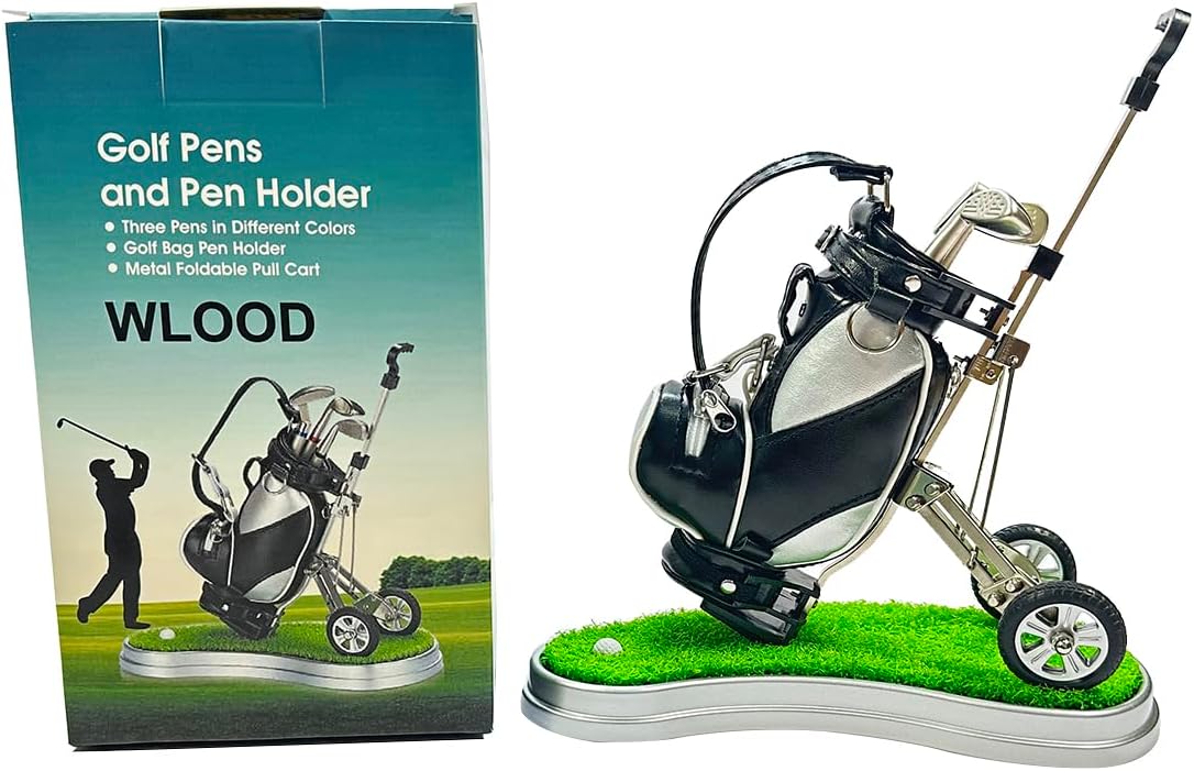 Golf Pens with Golf Bag Holder,Novelty Gifts with 3 Pieces Aluminum Pen Office Desk Golf Bag Pencil Holder for Men Fathers Day,Golf Gifts for Golfer Fans Coworker