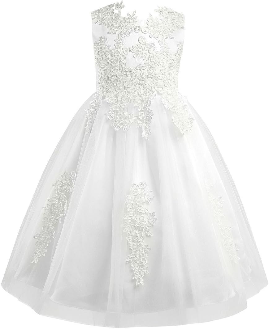 YiZYiF Applique Flower Girl Dress Kids Mesh Satin Summer Wedding Bridesmaid Pageant Party Communion Gowns