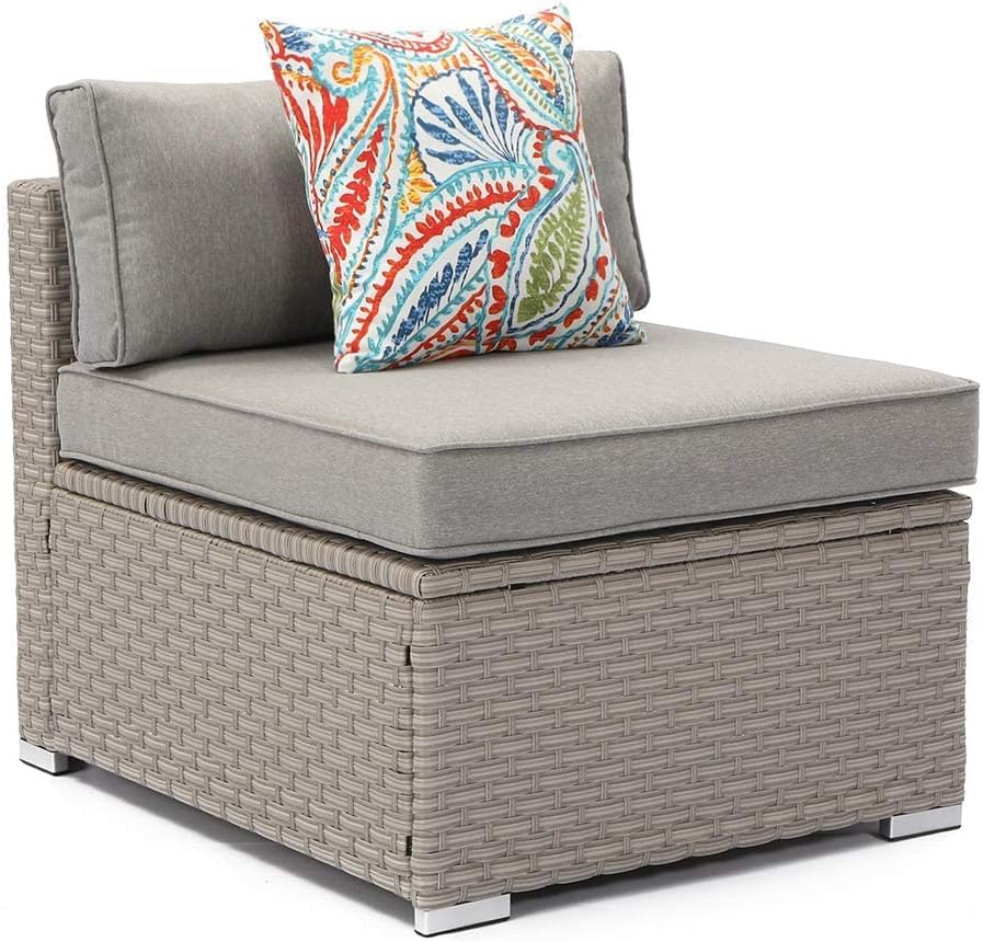 COSIEST Outdoor Furniture Add-on Armless Chair for Expanding Wicker Sectional Sofa Set w Warm Gray Thick Cushions, 1 Floral Fantasy Pillow for Garden, Pool, Backyard