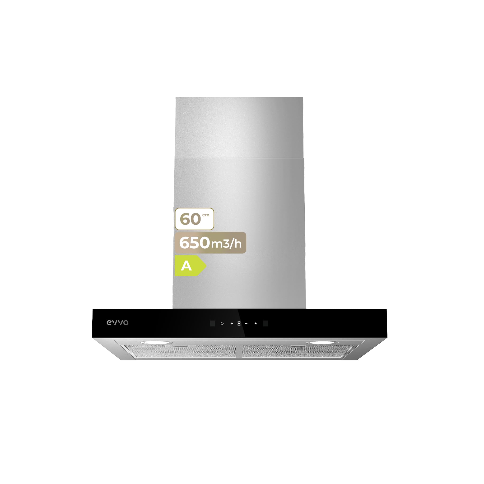 EVVO Campana Extractora Decorativa CE31, Ancho 60 cm, Potencia 650 m³/h, 3 Velocidades, Modo Boost, Táctil con Display, Temporizador Apagado, Luz LED, Eficiencia Energética A, Acabado Inox Borde Negro