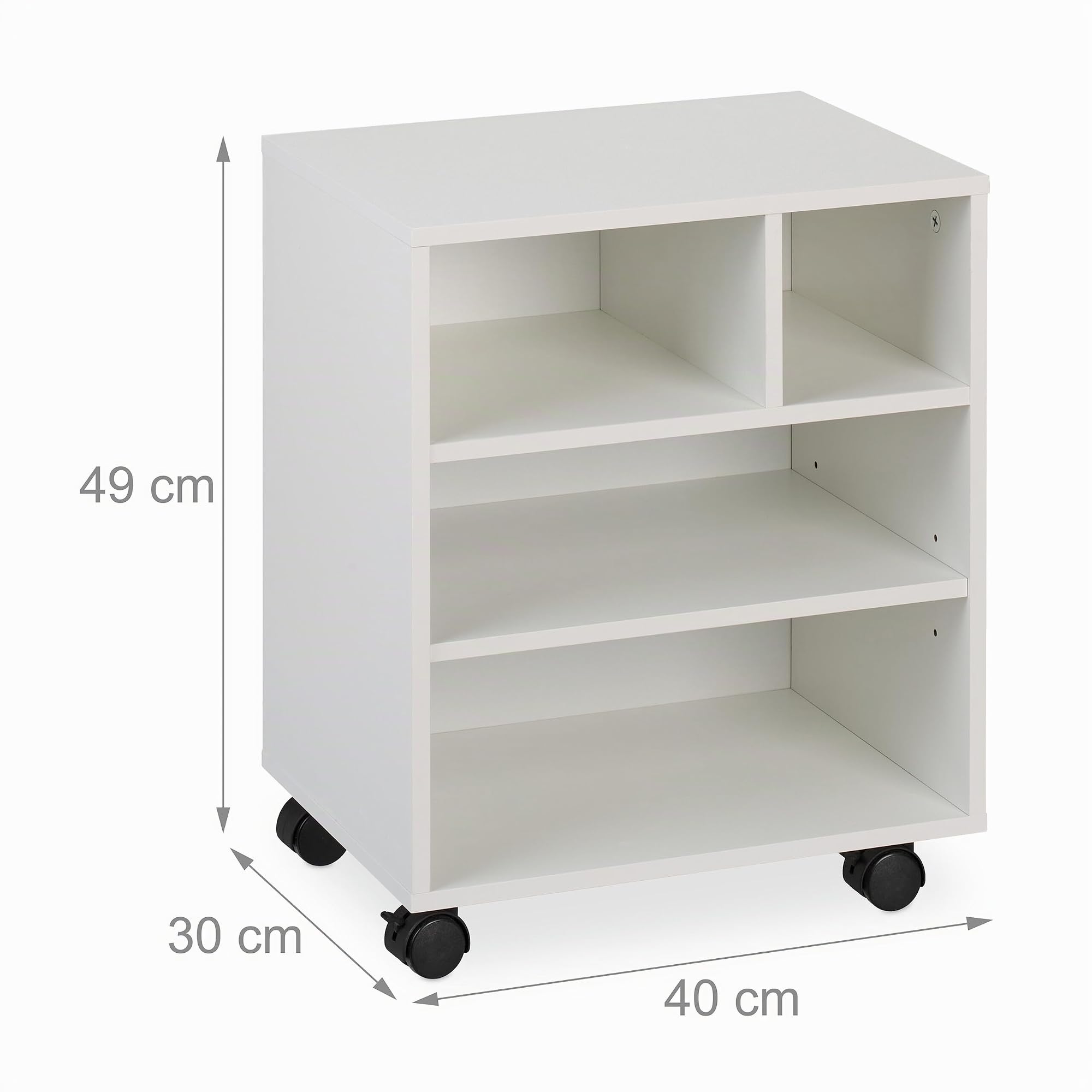 Relaxdays Carrello Porta Stampante, con 4 Scomparti Aperti, Mobiletto con Ruote per Ufficio, HLP: 49x40x30 cm, Bianco
