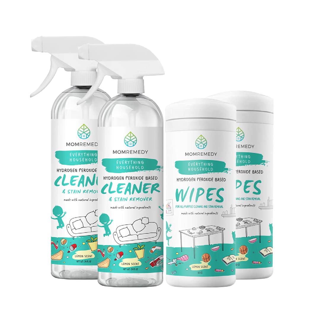 MOMREMEDY Hydrogen Peroxide Cleaner | Spray and Wipe Bundle | All Purpose Stain Remover and Cleaner | Safe on Fabrics and All Surfaces | Natural Cleaning Product | 4 Pack