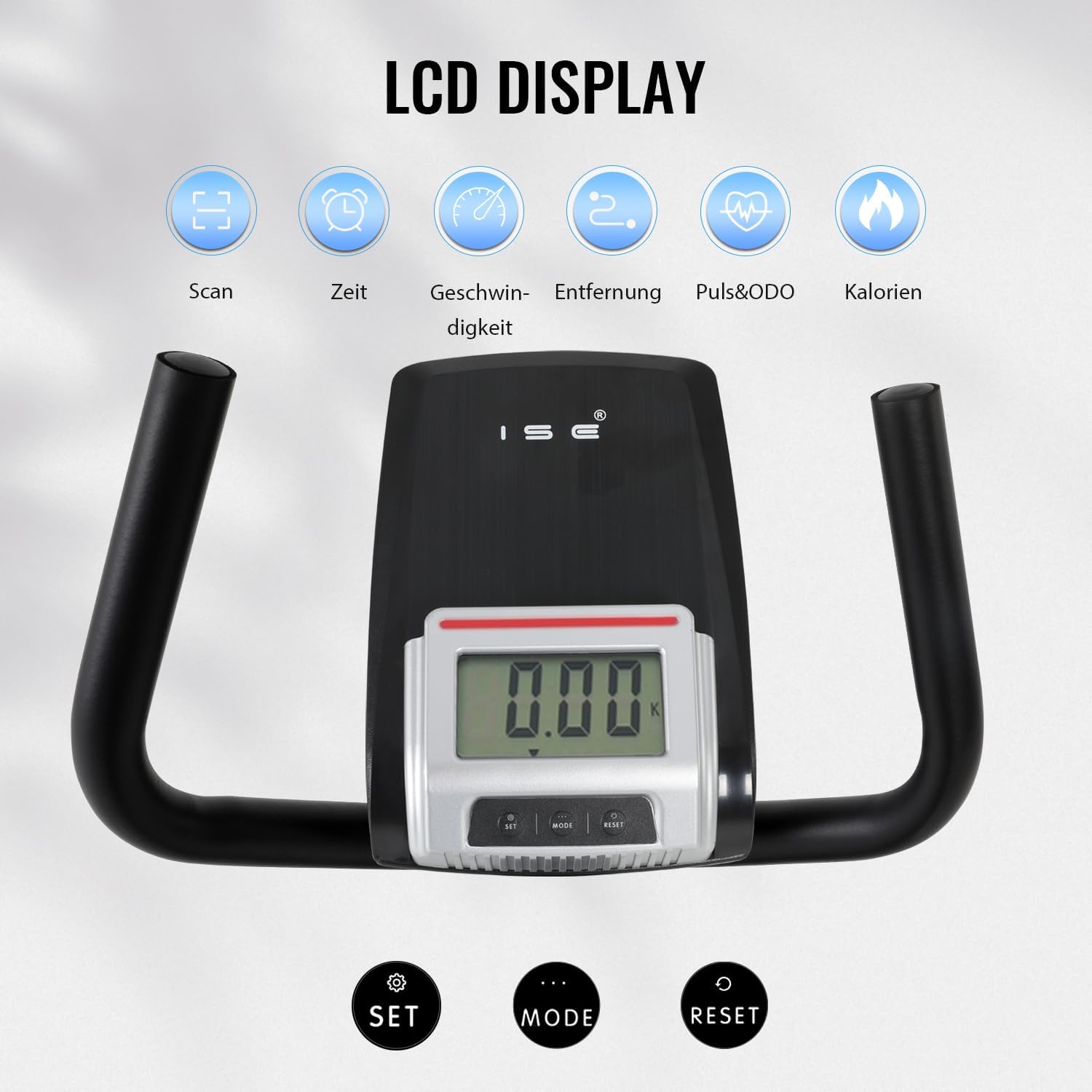 LCD display of ISE Recumbent Bike showing workout metrics