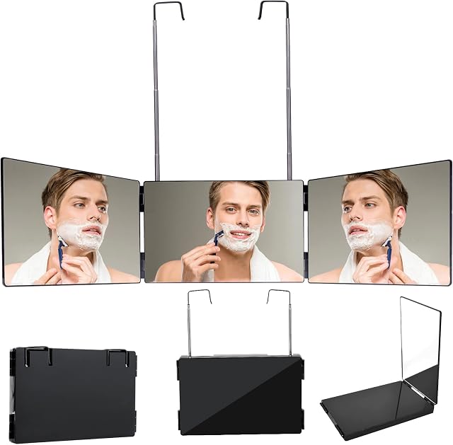 3 Way Mirror, 360 Mirror Self Hair Cut, Self Cut Mirror Height Adjustable Telescoping Hooks, Vanity Mirror for Travel, Portable Illuminated Bathroom Mirror for Women and Men