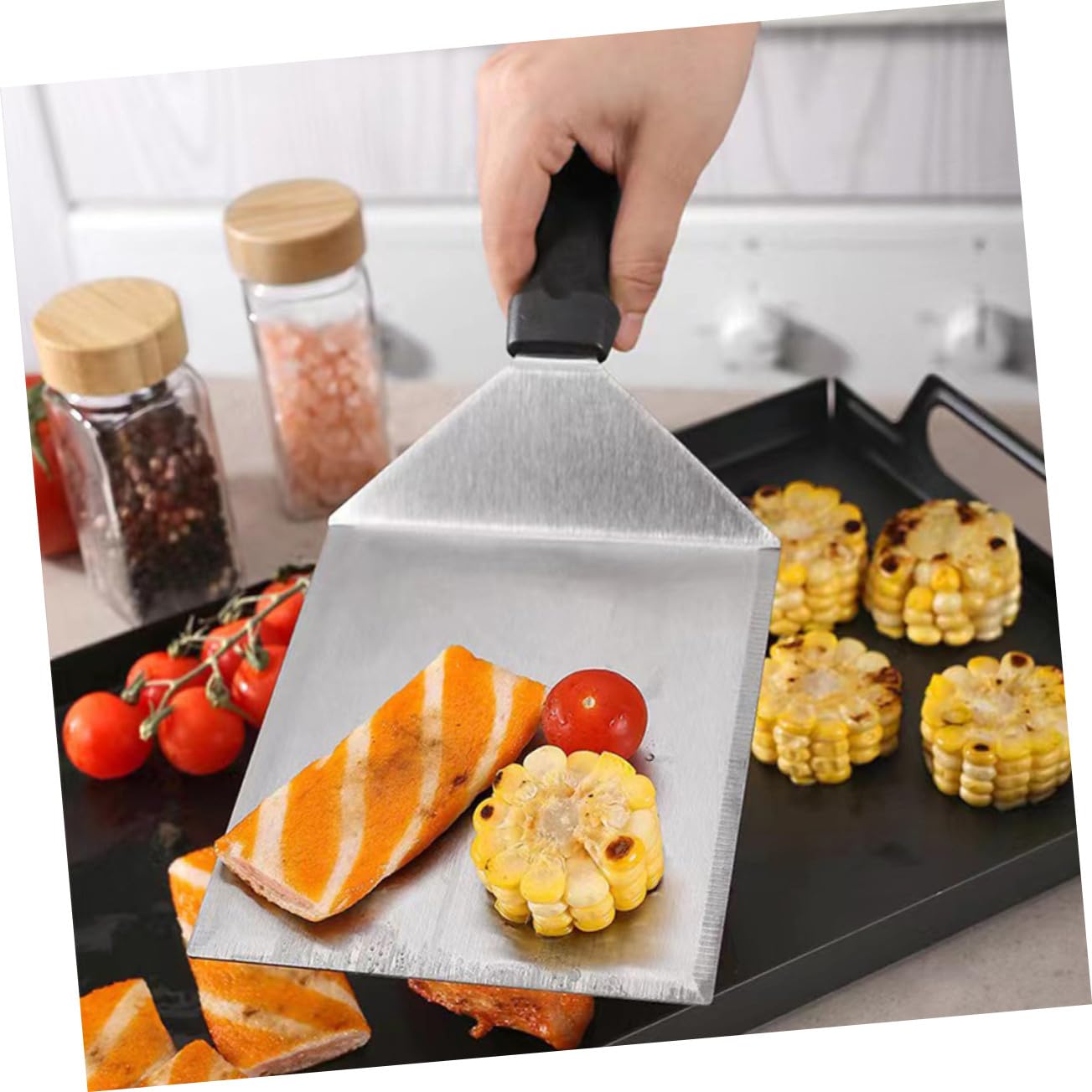 Set Utensili Barbecue in Acciaio Inox con Pressa per Carne | Impugnatura in Pp, Robusto e Non Facile da Deformare, per Cucina e Preparazione Burger