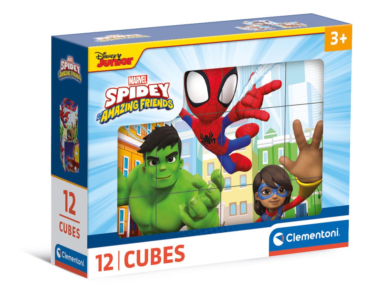 Clementoni Puzzle - Marvel Spidey and His Amazing Friends Un Paquete De 12 Cubos para Armar 6 Imágenes Distintas, Puzzle Infantil 3-5 Años De 12 Piezas, 41198