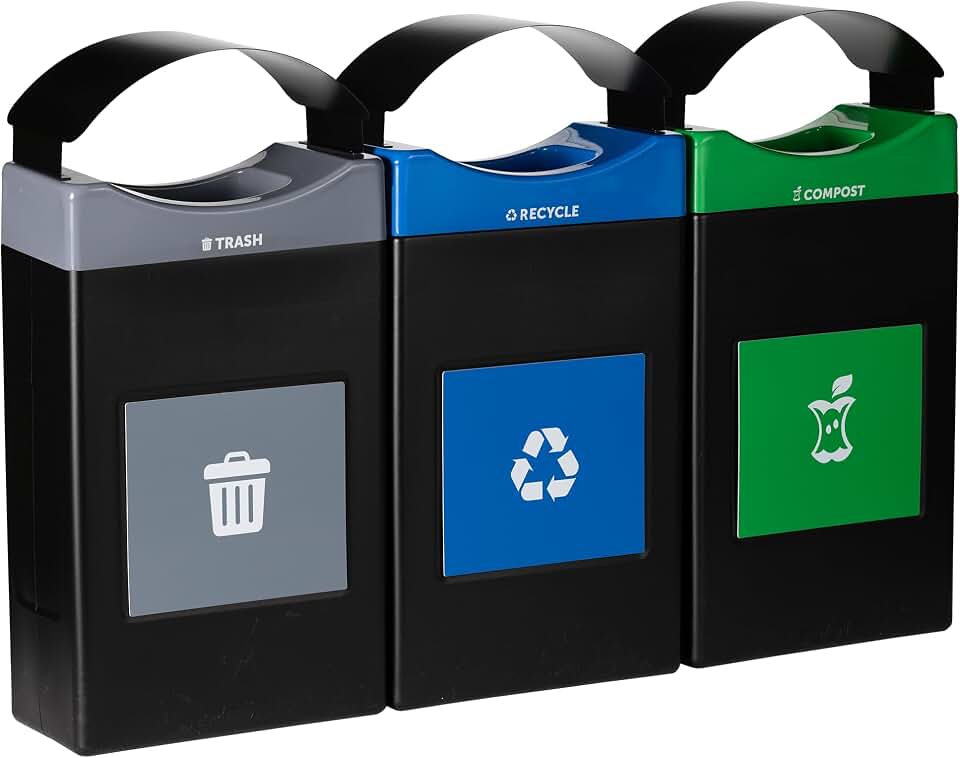 Avante™ Series Made in The USA, Black Triple-Stream,Trash, Recycling and Compost Center, 3-30-gallon Shallow Units, Black Canopy, Liners Included