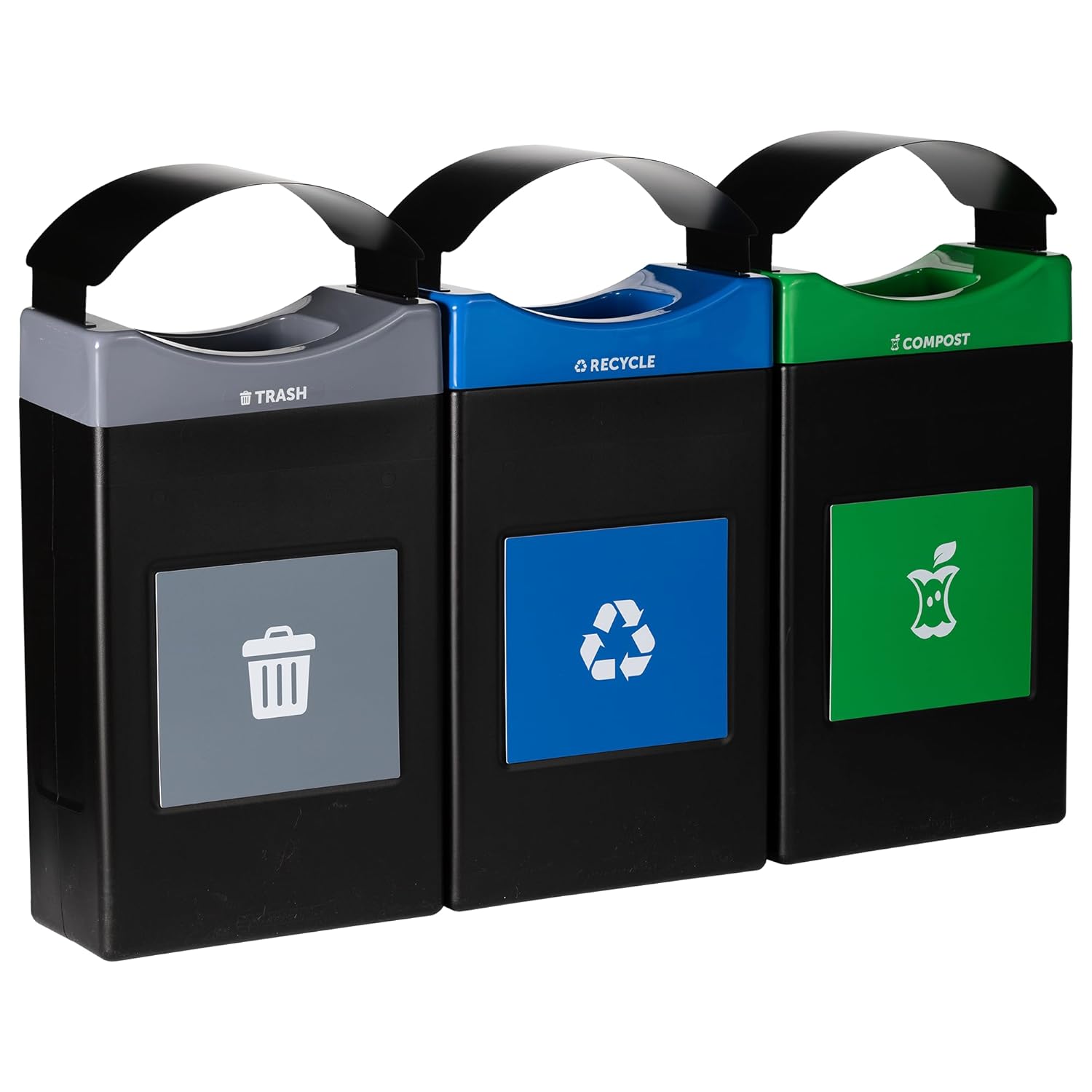 Avante™ Series Made in The USA, Black Triple-Stream,Trash, Recycling and Compost Center, 3-30-gallon Shallow Units, Black Canopy, Liners Included