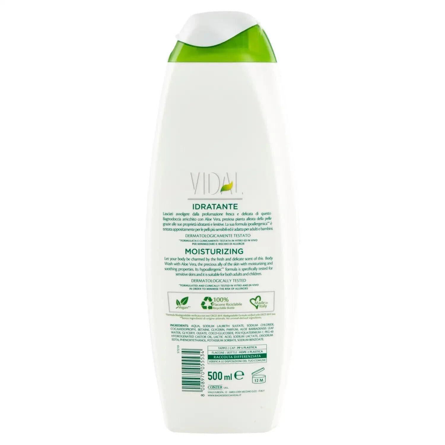 Pack de 12 unidades de detergente corporal Bagnodoccia gel de ducha, espuma de ducha con aloe vera, 500 ml