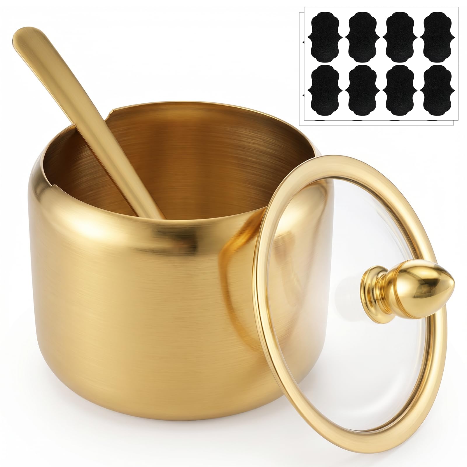 Exircy Sugar Bowl with Lid and Spoon, 10oz Gold Stainless Steel Sugar Bowl Kitchen Salt Bowls Spice Jars Storage Container with Irregular Sticker for Salt, Candy, Coffee Bean, Dishwasher Safe