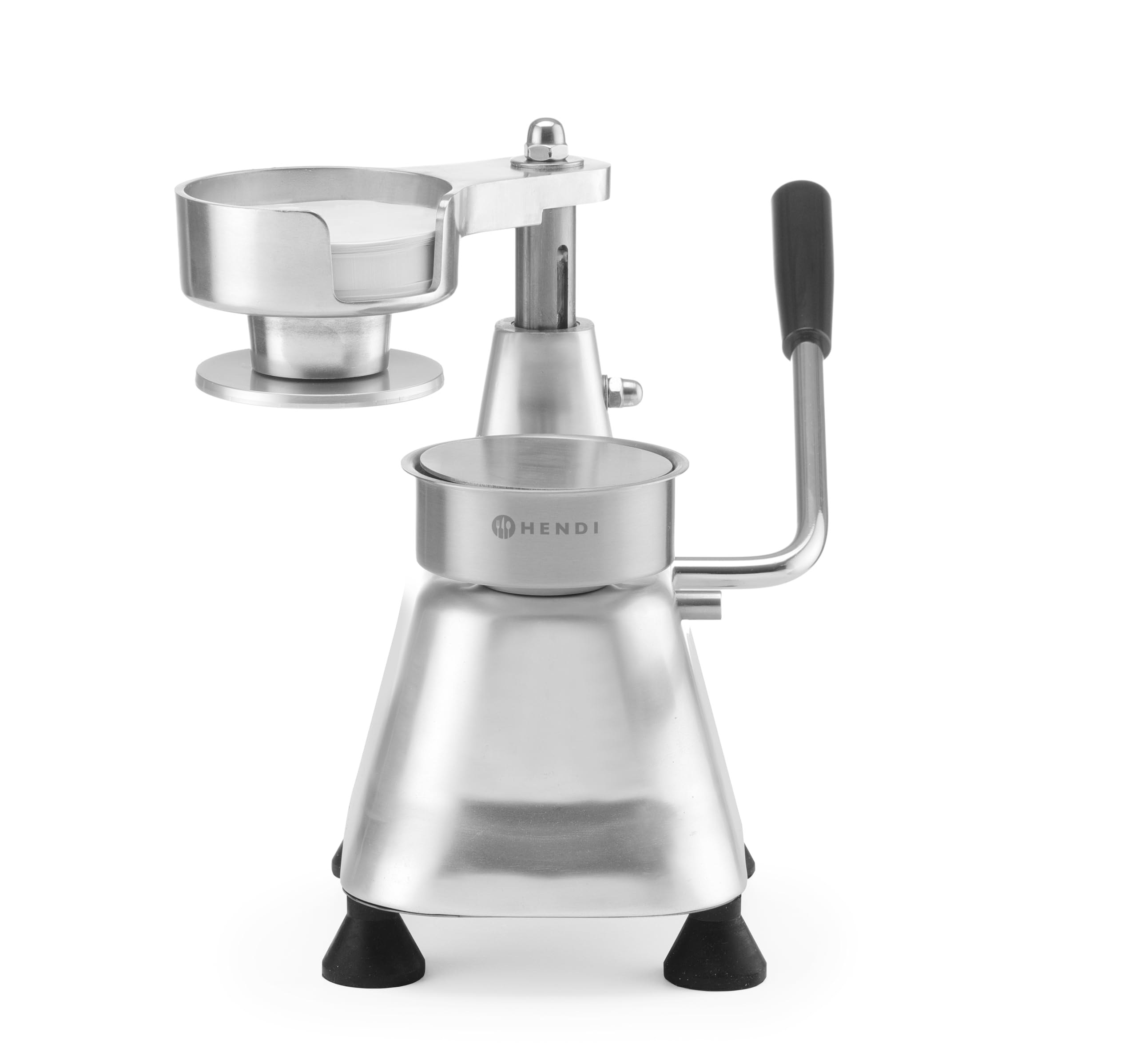 HENDI Burgerpresse, mit 500x Burgerpapiere, für Burger Patties bis zu ø100mm, ergonomischer Hebel, Hamburgerpresse, Grillpresse, Pattypresse, 240x230x(H)250mm, Aluminium, Edelstahl