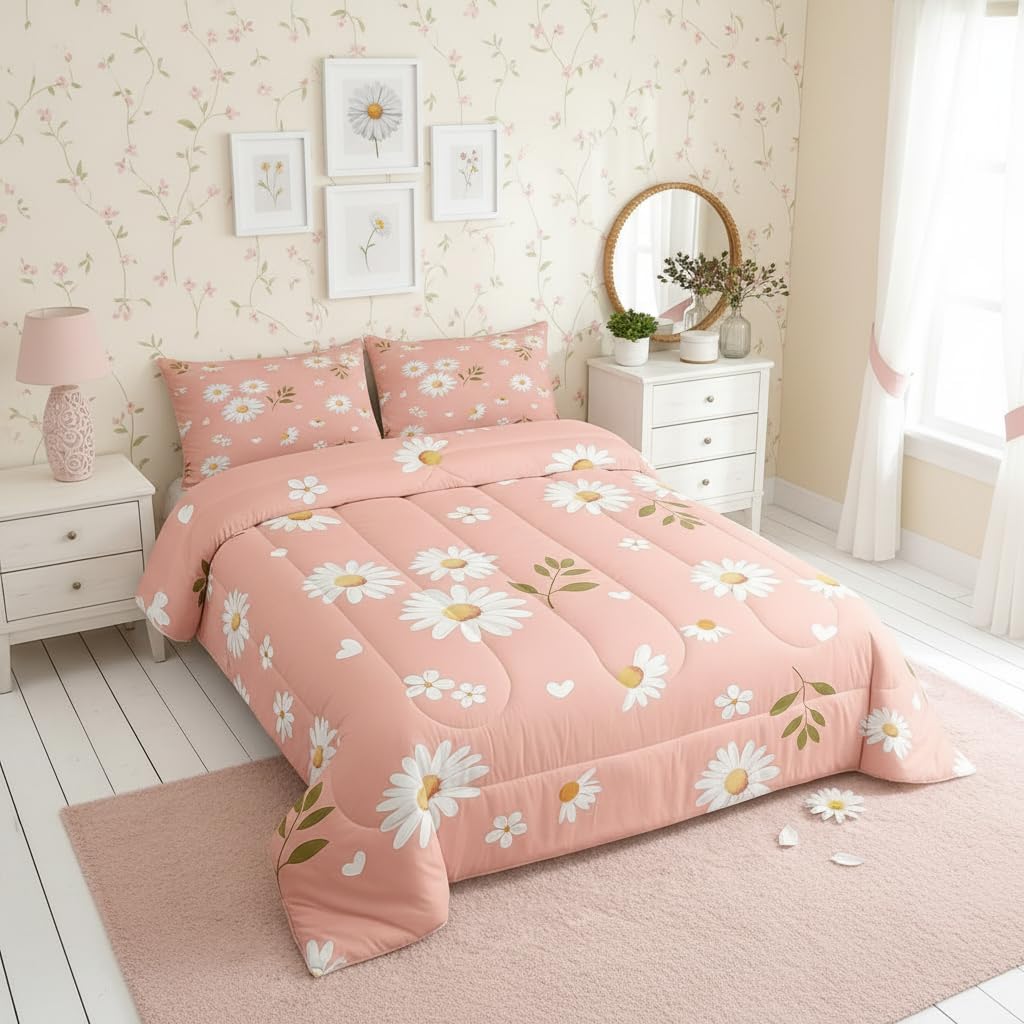Homewish Daisy Flowers Comforter Set Full Size,Petals and Leaves Bedding Set for Girls Women Adult Bedroom Decoration,Kids Pink and White Bed Duvet Insert,Daisy Comforter with 2 Pillowcase