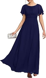 Women's Spring Elegant Round Neck Short Sleeve Chiffon Empire Waist Floor Length Formal Dresses Bridesmaid Dress