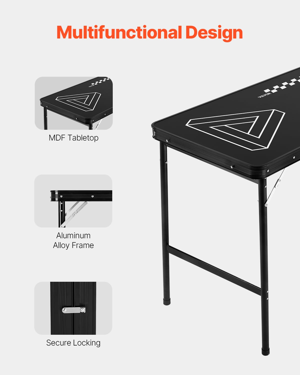 VEVOR Tavolo da Beer Pong Portatile da 2,4 m, Tavolo Pieghevole Rialzato da 91 cm Maniglie per Trasporto e 6 Palline da Pong, Leggero per Portellone Posteriore Auto per Viaggio, Campeggio, Nero