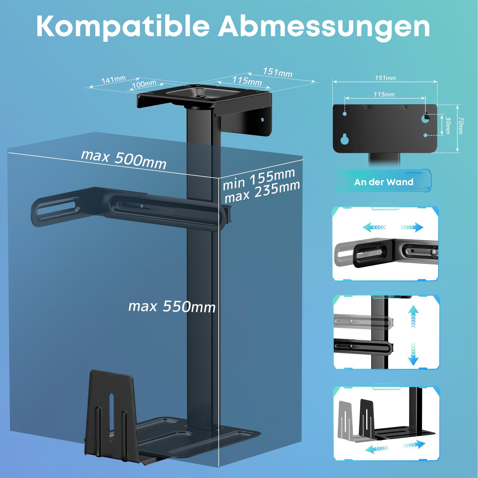 PC-Halterung unter Schreibtisch PC Wandhalterung für meisten Computergehäuse, Verstellbare Heavy Duty Computergehäuse-Halterung, 360° Drehbar, Hervorragende Luftzirkulation, bis 30 KG, Schwarz
