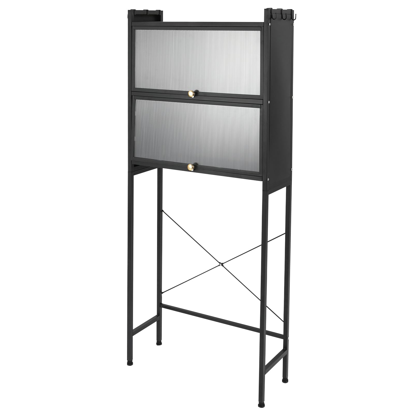 Estantería de almacenamiento sobre lavadora, estantería de baño de acero al carbono, 2 niveles, estantería para lavadora con 6 ganchos extraíbles, organizador de baño para lavadora y secadora (negro)