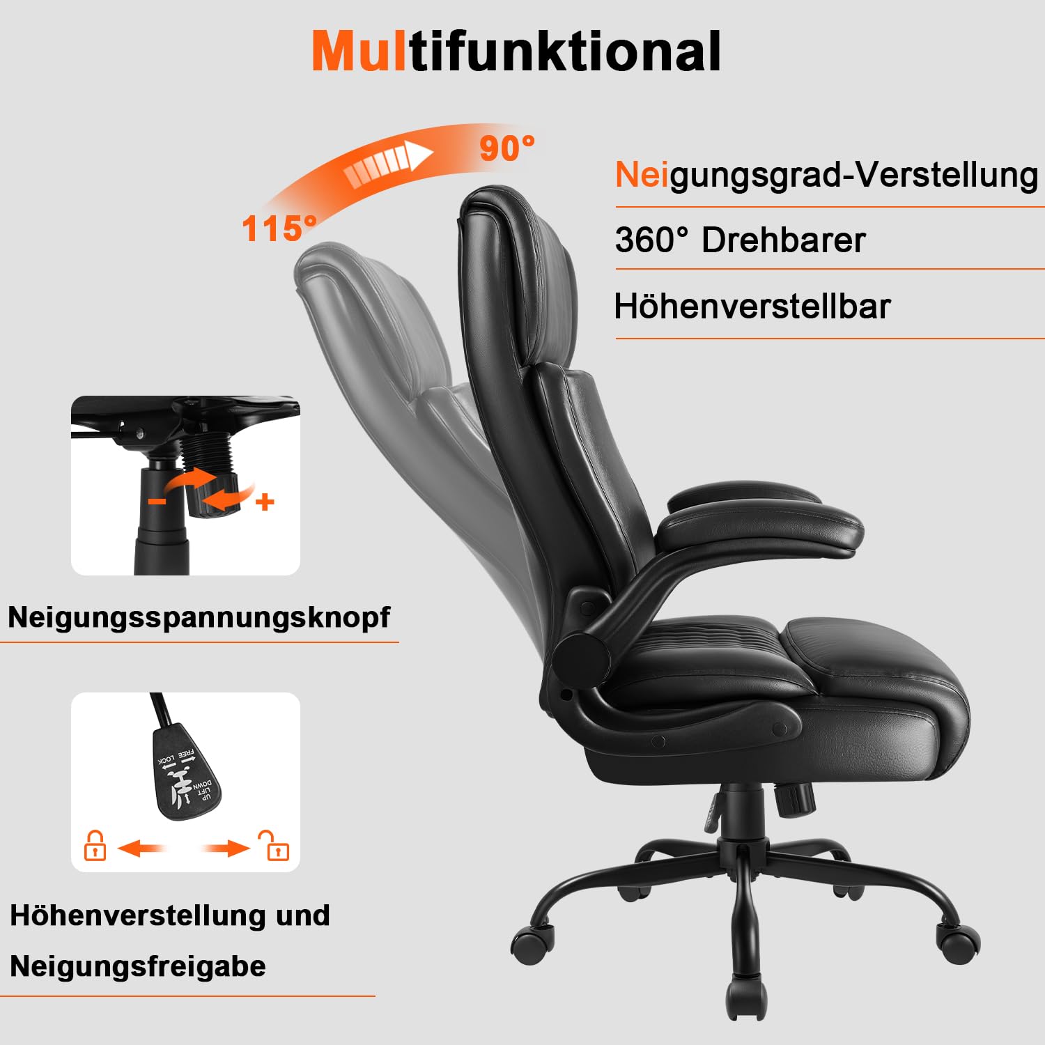 Waleaf Chefsessel Bürostuhl aus Leder, Ergonomischer Bürostuhl mit Hoher Rückenlehne und Verstellbaren Armlehnen, Belastbar bis 150 kg, PC-Stuhl mit Rollen für Büro und Homeoffice, Schwarz