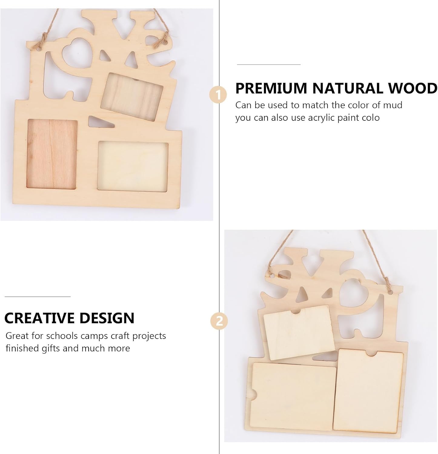 UPKOCH 4pcs DIY Love Wooden Photo Frame Holds 3 Photos White Base