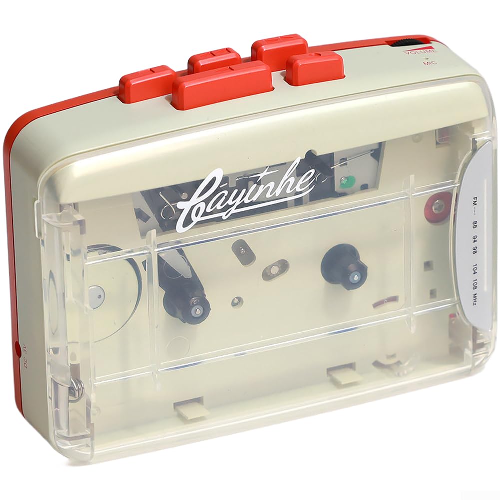 Lecteur cassette portable avec radio FM et casque stéréo - Lecteur de bandes transparentes avec chargement USB - Design rétro (rouge)
