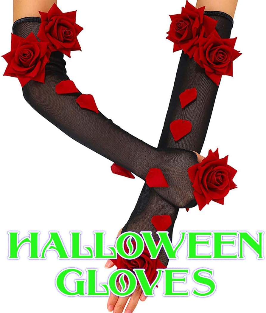 Fingerless Long Black Gloves Lace Rose Gloves for Women