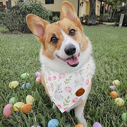 Crowned Beauty Easter Dog Bandanas Large 2 Pack, Bunnies Tulips Set, Plaid Adjustable Triangle Holiday Reversible Scarves For Medium Large Extra Large Dogs Pets #TOP2