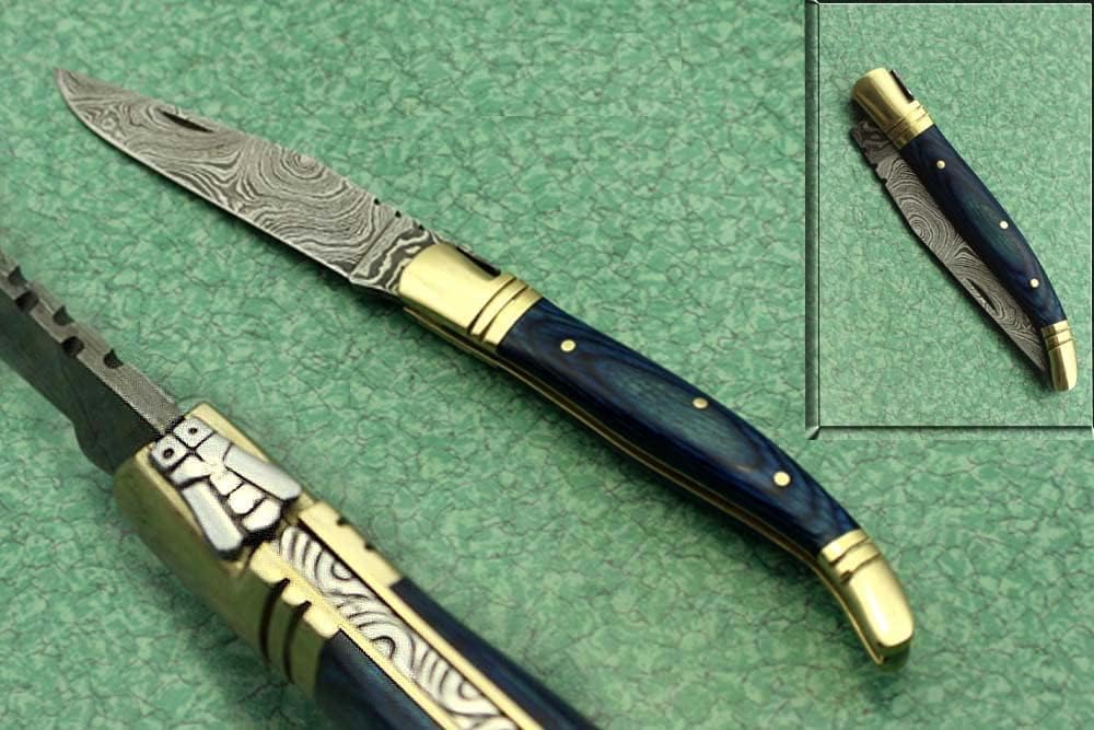 Laguiole Folding Damascus steel knife, 8.6" Long with 4.1" hand forged custom twist pattern Blade. 2 Tone Green wood scale with brass bolster. Cow hide leather sheath included (Red)